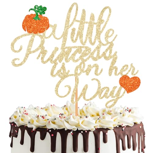 FHGG Tortenaufsatz mit Aufschrift "A Little Pumpkin is on Her Way", goldfarbener Glitzer, Herbst-Kürbis, Halloween, Oktober-Babyparty, für Babyparty, Mädchen, Erntedankfest, Party, 1 Stück von FHGG