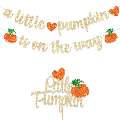 Kürbis Herbst Babyparty Banner Dekorationen A Little Pumpkin is On The Way Cake Topper Gold Glitter Birthday Party for Boy Girl Birthday Thanksgiving Fall Theme Gender Reveal Supplies von FHGG