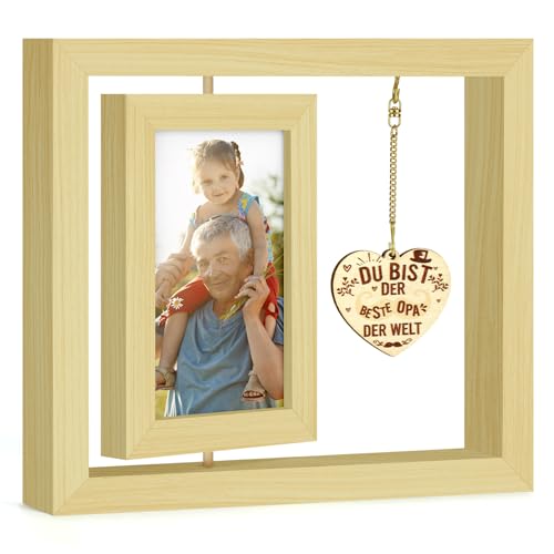 FHzytg Bilderrahmen 10x15cm Geschenk für Opa, Holz Drehbare Fotorahmen mit Herz Anhänger, Personalisiert Doppelseitiger Fotorahmen Geburtstagsgeschenk, Erntedankfest Geschenke für Opa zum Vatertag von FHzytg