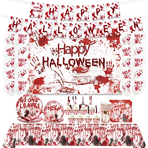 FHzytg Halloween Tischdecke Halloween Banner Blutig, Halloween Horror Deko Set mit Blutige Partygeschirr, Banner, Tischdecke, Hintergrund, Essteller, Pappbecher, Cupcake Toppers, Papierservietten von FHzytg