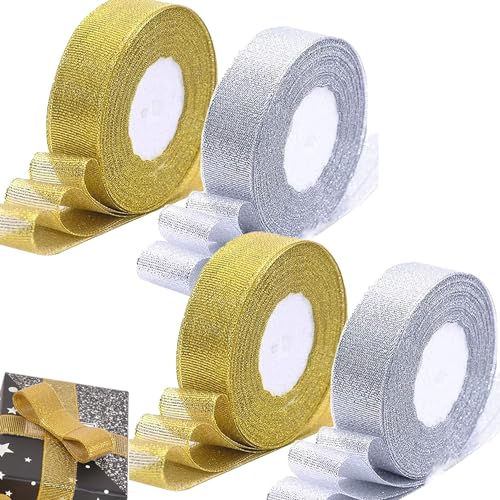 4 Stück Gold Silber Schleifenband, Glitzer Metallic Schleifenband, Geschenkverpackung Ribbon, Geschenkband Weihnachten, Ribbons Geschenk Dekoration, für Geschenk, Dekoration(Golden&Silber) von FIBOUND