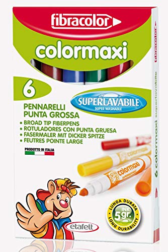 FIBRACOLOR Colormaxi Filzstifte, 6 Farben, breite Spitze, konisch, Maxi-Nachfülltinte, superwaschbar von FIBRACOLOR