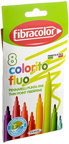 FIBRACOLOR Colorito Fluo Dose mit 32 Filzstiften mit fluoreszierender Tinte, feine Spitze, superwaschbar 8 mehrfarbig von FIBRACOLOR