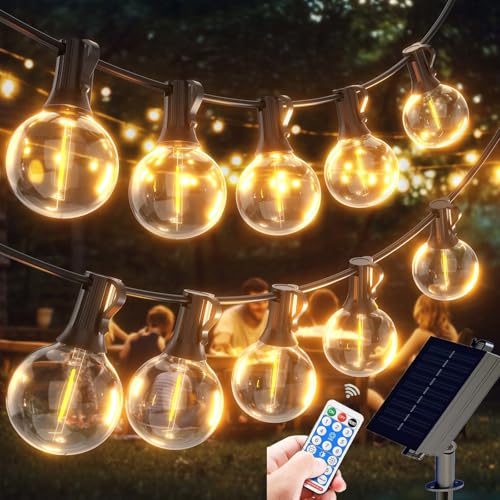 FIBRAVE G40 Lichterkette Außen mit Fernbedienung, 12,4 m, USB & Solar Dual Charging, Wasserdicht, 8 Modi 3 Timer, LED Bruchsichere Glühbirnen Solarleuchte für Camping Hinterhof Bistro Veranda Garten von FIBRAVE