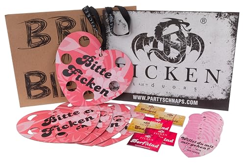 Party-Dekopaket für Unterwegs - Witzige Aufkleber, Bierdeckel Herzen mit Flirtspruch, Herztabletts für Shots zum Umhängen und Schilder mit lustigen Sprüchen von FICKEN Likör Party-Dekopaket für Unterwegs - Witzige Aufkleber, Bierdeckel Herzen mit Flirtspruch, Herztabletts für Shots zum Umhängen und Schilder mit lustigen Sprüchen von FICKEN Likör von FICKEN Liquors