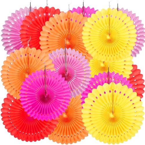 FICOFISE 15 Stück Papier Fächer Dekoration: 25/30/35cm Papierfächer zum Aufhängen, mit Schnur und Pin, für Party Hochzeit Geburtstag Baby Shower Party Deko (Rot, Gelb, Lila, Orange, Rose) von FICOFISE