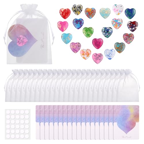 FICOFISE 20 Stück Herz Edelsteine für Kinder Set: Glückssteine für Kinder Erwachsene, Heilsteine mit Organzasäckchen Karte Klebepunkte, für Meditation Reiki Chakra Energieausgleich Deko DIY Geschenke von FICOFISE