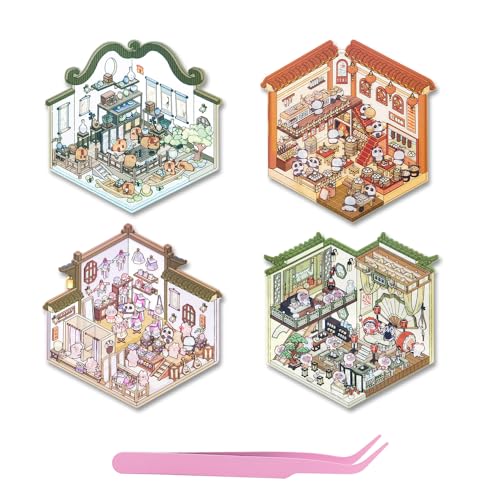 4 Sets DIY 3D Hausaufkleber, 3D Sticker Szene, Lustige Cartoon-Szenenaufkleber für Kinder und Erwachsene, Kreatives Sticker-Set für stressfreien Spaß (Style B) von FIDWALL