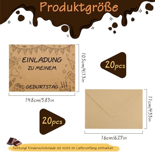 FIDWALL 20 Einladungskarten Kindergeburtstag Junge Mädchen, Kraftpapier Geburtstagseinladungen mit Umschlägen und Klebepunkten, A6 Format, Lustige Einladung Kinderparty, Ohne Kinderschokolade von FIDWALL