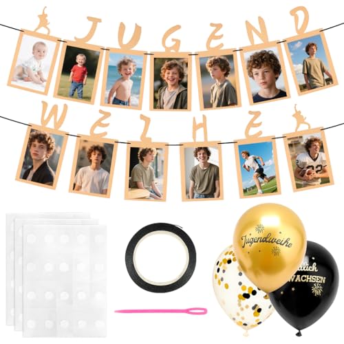FIDWALL Jugendweihe Deko , Fotogirlande mit 13 Kraftpapier Karten für Fotos von 1 bis 13 Jahre, Jugendweihe Geschenk für Mädchen & Jungen, Partydeko Set mit Luftballons von FIDWALL