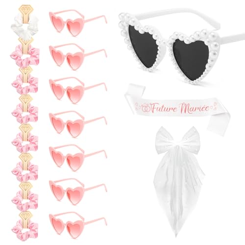 FIDWALL Junggesellinnenabschied Braut-Set – Junggesellinnenabschied Zubehör-Set (Schärpe, Schleier, Brille, Haargummis) Party-Accessoires (Braut + Brautjungfern (8 Personen)) von FIDWALL