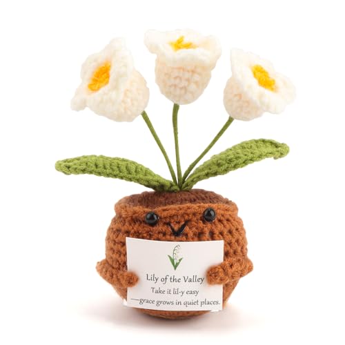 FIDWALL Positive Häkelblume Figur mit Eingebauter Affirmationskarte – Handgemachtes Geburtstagsblume Andenken für Frauen – Emotional Support, Glücksbringer, Pocket Hug (Maiglöckchen – Mai/Nov) von FIDWALL