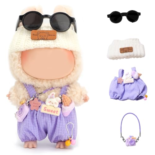 Puppen-Outfits für 17 cm große Plüsch-Anhänger, Blindbox-Figuren, Hut und Overall-Set für Blindbox-Puppe, mit Brille, Blindbox-Figuren, Kleidung, Dekoration, Zubehör (lila) von FIDWALL