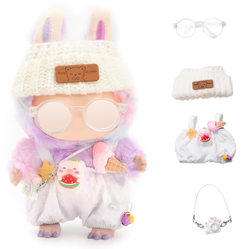 Puppen-Outfits für 17 cm große Plüsch-Anhänger, Blindbox-Figuren, Hut und Overall-Set für Blindbox-Puppe, mit Brille, Blindbox-Figuren, Kleidung, Dekoration, Zubehör (weiß) von FIDWALL