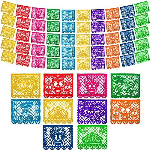 Mexikanische Partybanner (5 Stück, 10 Kunststoff-Flaggen-Designs pro Banner) – Papel Picado Dia de Los Muertos Dekorationen für Altar – Tag der Toten Banner – Tag der Toten Dekoration von FIESTA WRAPS