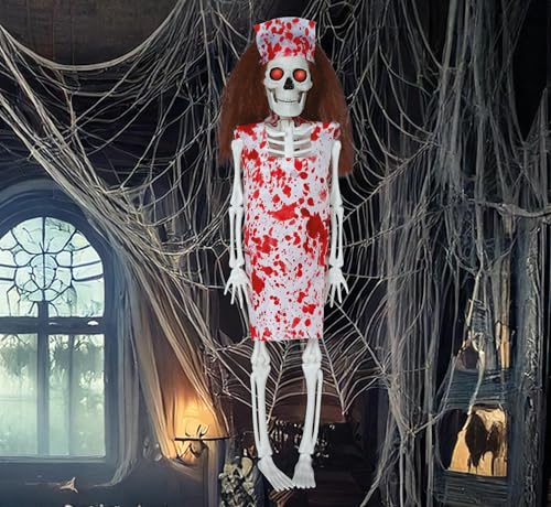 FIESTAS GUIRCA | Blutige Krankenschwester Hängedekoration (40 cm) - Gruselige Halloween Dekoration Skelett zum Aufhängen für Partys oder im Spukhaus - Tote Krankenschwester Hängefigur - Weiß Rot von FIESTAS GUIRCA