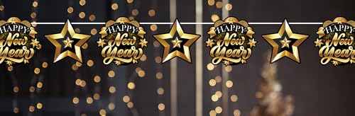 FIESTAS GUIRCA | Happy New Year Girlande Gold und Schwarz (300 cm) - Partydekoration für Neujahr und Feiern - Ideal für Silvesterpartys - Dekorationszubehör - Gold Schwarz von FIESTAS GUIRCA