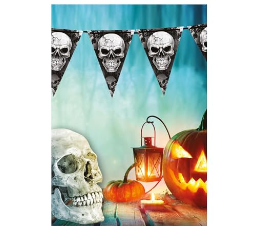 FIESTAS GUIRCA | Wimpelgirlande Totenkopf (3m/20x30 cm) - Papierdekoration für gruselige Halloween-Partys - Ideal für Schreckensfeiern - Schwarz, Grau von FIESTAS GUIRCA