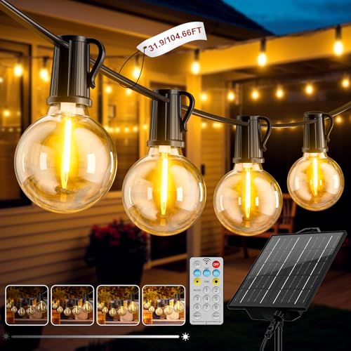 Solar Lichterkette Aussen, 31.9M/104.66FT LED Solarlichterkette Außen Wetterfest 8 Modi, 45+2 G40 lichterketten, 5400 mAH Akku IP44 Wasserdicht Solar Lichterkette Outdoor für Balkon Garten Camping von FIFlying