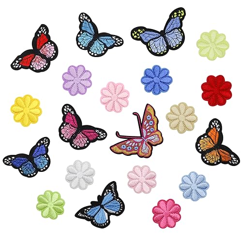 FIHODONE 20 Stück Patches zum Aufbügeln, Blumen Flicken zum Aufbügeln, Schmetterling Aufnäher Erwachsene Bügelflicken, Hübsch Bügelbilder für Textilien,Aufnäher Patches Selbst Gestalten von FIHODONE