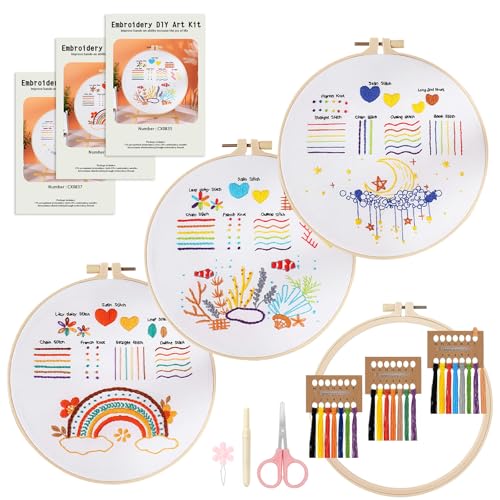 FIHODONE 3 sticken set erwachsene, embroidery kit mit Werkzeuge, stickset für anfänger, stickerei set mit Stickrahmen Farbfäden, kreuzstich für DIY Kunst, Handwerk, bastelset erwachsene frauen von FIHODONE