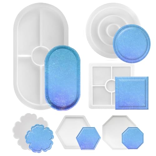 FIHODONE 6 Stück Silikonformen Gießformen Untersetzer,Epoxidharz Formen Silikon Untersetzer,Giessform Silikon Kreisförmiges Elliptisches Sechseck,Silikonform Tablett Verwendet für Möbeldekoration von FIHODONE