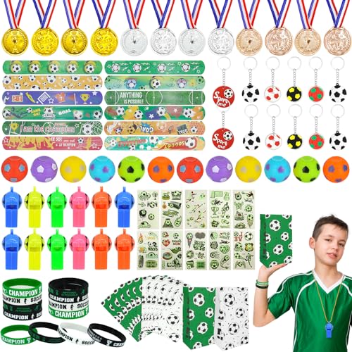 FIHODONE 94 Stück Fussball Geschenke Jungen Fußball Deko,Mitgebsel Kindergeburtstag, Fussball Deko Geburtstag Kinder mit Schlüsselanhänger Trillerpfeife Medaillen Geschenktüte Usw von FIHODONE