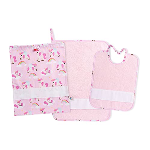 FILET - Set Kindergarten Drei Stück mit Canvas Aida zu Sticken, bestehend aus Beutel, Handtuch und Lätzchen aus Farbiger Schwamm, 100% Baumwolle, Made in Italy, Fantasie Einhörner Rosa Hintergrund von Filet