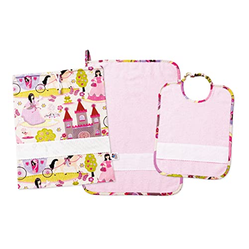 FILET - Set Kindergarten Drei Stück mit Canvas Aida zu Sticken, bestehend aus Säckli, Handtuch und Lätzchen aus Farbiger Schwamm, 100% Baumwolle, Made in Italy, Fantasie Prinzessinnen Rosa Hintergrund von Filet