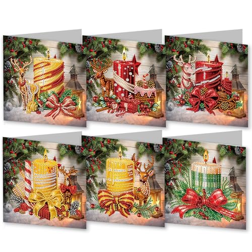 FILOEEX 6 Stück DIY Weihnachten Diamant-Malerei Karten,5D Weihnachten Diamond Painting Set,Weihnachtskarten Set mit Umschlag,DIY Diamant Malerei Weihnachtens Karten for Familie,Freunde (Kerze) von FILOEEX