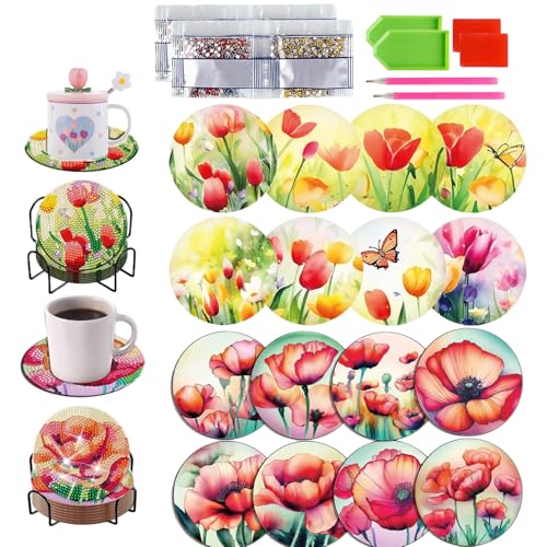 FILOEEX 8-Stücke Diamond Painting Untersetzer mit Halter,5D DIY Diamant-Painting Untersetzer Set,Blumen/Tierthema Diamond Painting,Diamond Painting Basteln für Anfänger Erwachsene Kinder (MIX-B) von FILOEEX