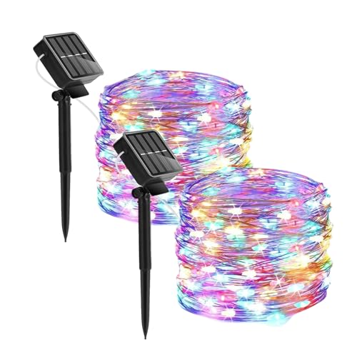 FILOEEX Solarbetriebene Lichterkette, 2 Stück, 200 LEDs, 2,4 m, solarbetriebene Lichterkette, 8 Modi, wasserdichte Kupferdraht-Beleuchtung für Terrasse, Hof, Party, Hochzeit, Weihnachten (Mix) von FILOEEX