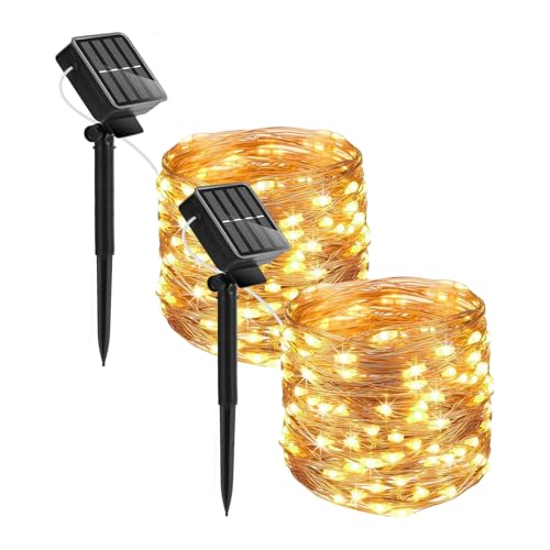 FILOEEX Solarbetriebene Lichterkette, 2 Stück, 200 LEDs, 2,4 m, solarbetriebene Lichterkette, 8 Modi, wasserdichte Kupferdraht-Beleuchtung für Terrasse, Hof, Party, Hochzeit, Weihnachten (warm) von FILOEEX