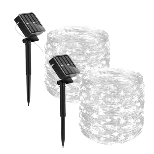 FILOEEX Solarbetriebene Lichterkette, 2 Stück, 200 LEDs, 2,4 m, solarbetriebene Lichterkette, 8 Modi, wasserdichte Kupferdraht-Beleuchtung für Terrasse, Hof, Party, Hochzeit, Weihnachten (weiß) von FILOEEX