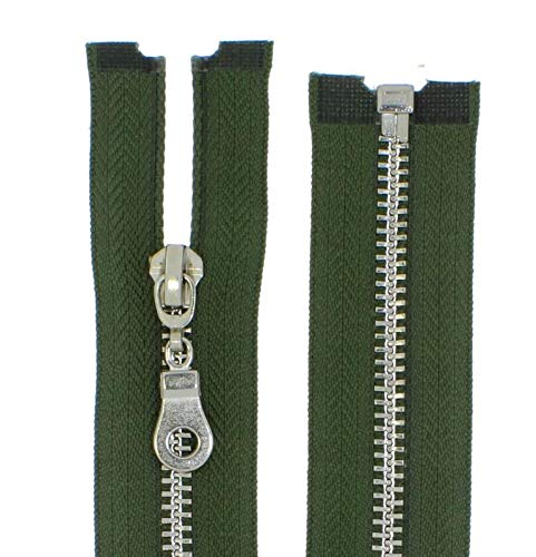FIM Reißverschluss Metall Nr.5 mittelgrob Silber Nickel Teilbar für Jacken Farbe: 14 - olivegrün(327), 90cm lang von FIM