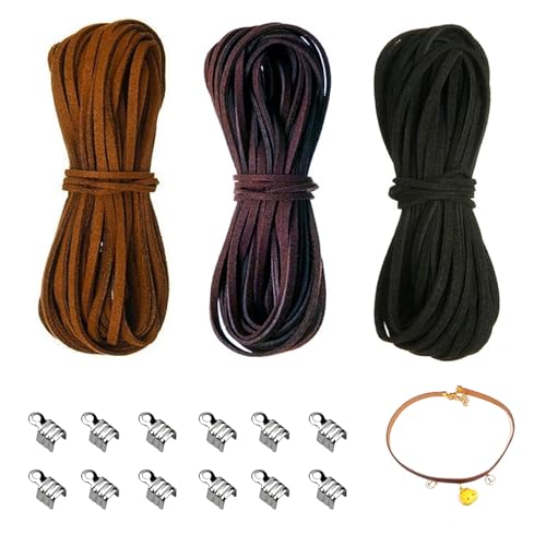 FINEASY 3 Farben 10M x 3mm Lederschnur Lederband mit 100pcs Schnurenden, Leder Schnur Faux Wildleder Schnur Lederbänder für DIY Ketten Basteln Armband Schmuck Handwerk von FINEASY