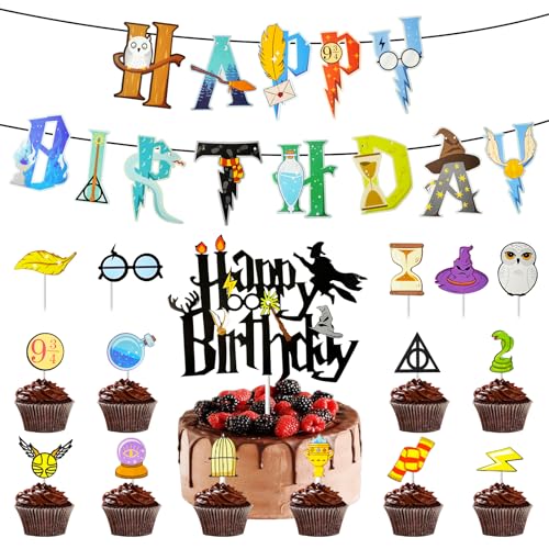 FINEASY 32 Stück Tortendeko, Happy Birthday Cake Topper Magical Wizard Inspiriert Torten Deko Cupcake Topper Glitter Magier Kuchen Deko für Jungen Mädchen Geburtstags Party Dekoratione von FINEASY
