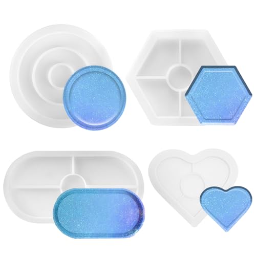 FINEASY 4 Stück Silikonformen Gießformen Silikon, Epoxidharz Silikonform Tablett, Silikonform Schale, Silikon Gießform, Epoxidharz Formen für DIY-Untersetzer Heimdekorationen Bastelarbeiten von FINEASY