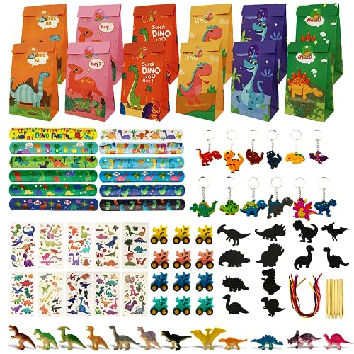 FINEASY Dinosaurier Party Mitgebsel Kindergeburtstag,Kindergeburtstag Gastgeschenke,Schnapparmband Aufkleber Schlüsselanhänger Tattoo,Dinosaurier Spielzeug Dino Geburtstag Deko für Kinder von FINEASY