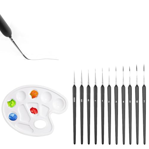 FINELYCR 11 Stück Pinsel Fein, Schwarz Aquarellpinsel, Malpinsel für Acrylmalerei, Malen Nach Zahlen Pinsel mit Palette für Ölmalerei, Aquarellmalerei von FINELYCR