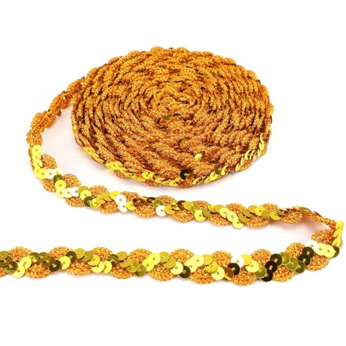 FINELYCR 25 M Paillettenband Gold, Paillette Trim, Wohnung Paillettenband Glitzer, S-Förmiger Gewellter Paillettenbesatz, Geeignet für Bühnenkostüme, Vorhänge und DIY-Kopfbedeckungen (15 mm) von FINELYCR