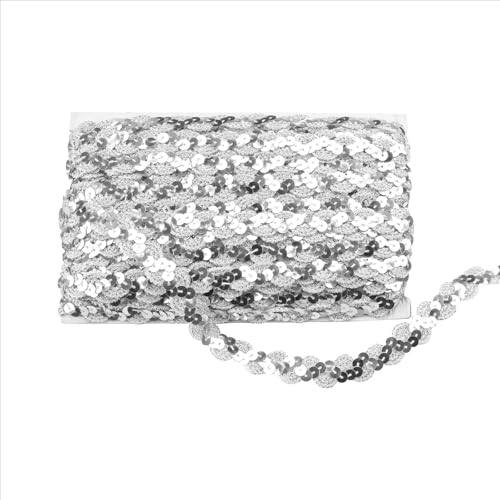FINELYCR 25 m Paillettenband Silber, S-Form Pailletten Trim, Paillettenband Glitzer, Garniture à Paillettes Geeignet für Bühnenkostüme, DIY-Näharbeiten, Vorhänge und Hüte (15 mm) von FINELYCR