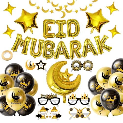 FINEVERNEK Eid Mubarak Ramadan Ballons,Schwarzes Gold Dekoration Eid Mubarak,Eid Mubarak Dekoration Luftballons mit Eid Deco Accessoire,Eid Party Dekoration Supplies von FINEVERNEK