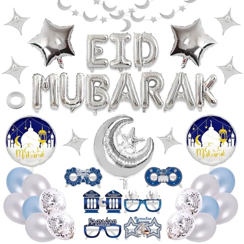 FINEVERNEK Eid Mubarak Ramadan Ballons,Silbrig Dekoration Eid Mubarak,Eid Mubarak Dekoration Luftballons Set,Eid Deco Accessoire,Eid Party Dekoration Supplies von FINEVERNEK