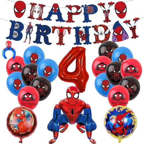 FINEVERNEK Spiderman Luftballons Geburtstagsdeko,Spiderman Luftballons Deco 4 geburtstag junge,Mit riesigen 3D-Spiderma-Heldenballons,Kindergeburtstag Luftballon Dekoration(4 geburtstag) von FINEVERNEK