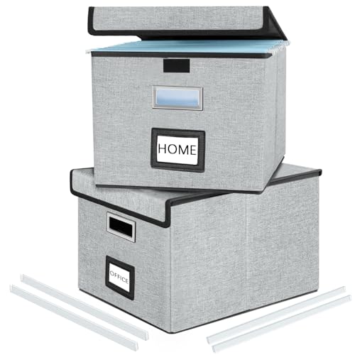 FINEW Faltbare Aufbewahrungsbox mit Deckel, Stilvolle Aufbewahrungsbox in Leinenoptik, 38.5 × 33 × 3 Cm für Büroaufbewahrungsbox, Faltbox für Den Hausgebrauch (Grau) 2 pack von FINEW