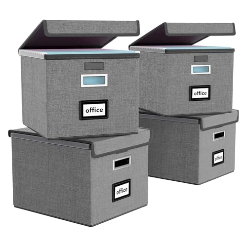 FINEW Stoff Faltbare Aufbewahrungsbox mit Deckel, Hängemappenbox für DIN A4 Hängeregister, Aufbewahrungsboxen für Büro, Faltbox für Familien (Dunkelgrau) 4pack von FINEW
