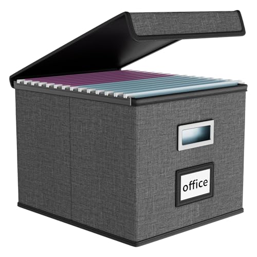 FINEW Stoff Faltbare Aufbewahrungsbox mit Deckel, Hängemappenbox für DIN A4 Hängeregister, Aufbewahrungsboxen für Büro, Faltbox für Familien (Dunkelgrau) von FINEW