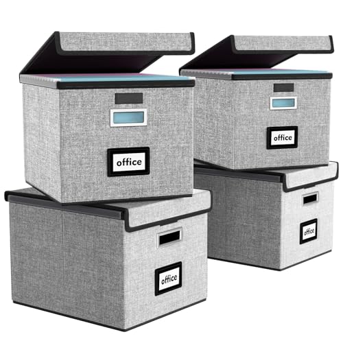 FINEW Stoff Faltbare Aufbewahrungsbox mit Deckel, Hängemappenbox für DIN A4 Hängeregister, Aufbewahrungsboxen für Büro, Faltbox für Familien (Grau) 4 pack von FINEW