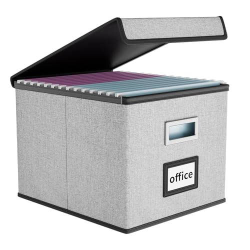 FINEW Stoff Faltbare Aufbewahrungsbox mit Deckel, Hängemappenbox für DIN A4 Hängeregister, Aufbewahrungsboxen für Büro, Faltbox für Familien (Grau) von FINEW